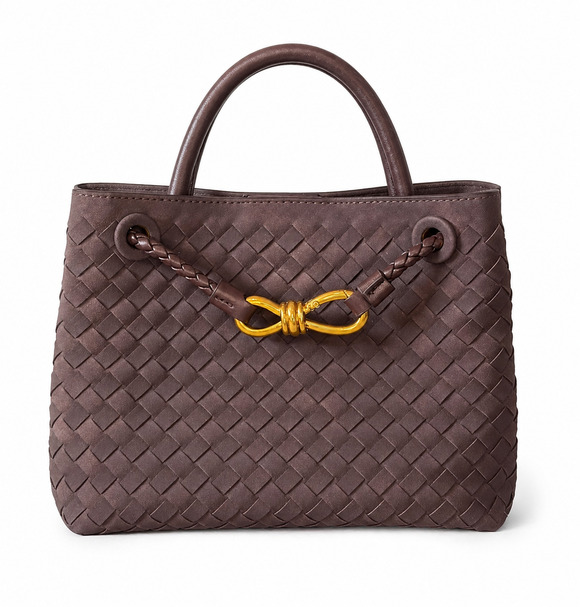 Hzxsny Handbags - Brown Woven Vegan Suede Top Handle Crossbody Satchel Bag Gold Knot Accent